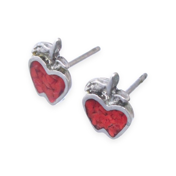 Vintage Coral Apple Stud Earrings Silver Tone with Crushed Red Coral Chip Inlay - Picture 2 of 3
